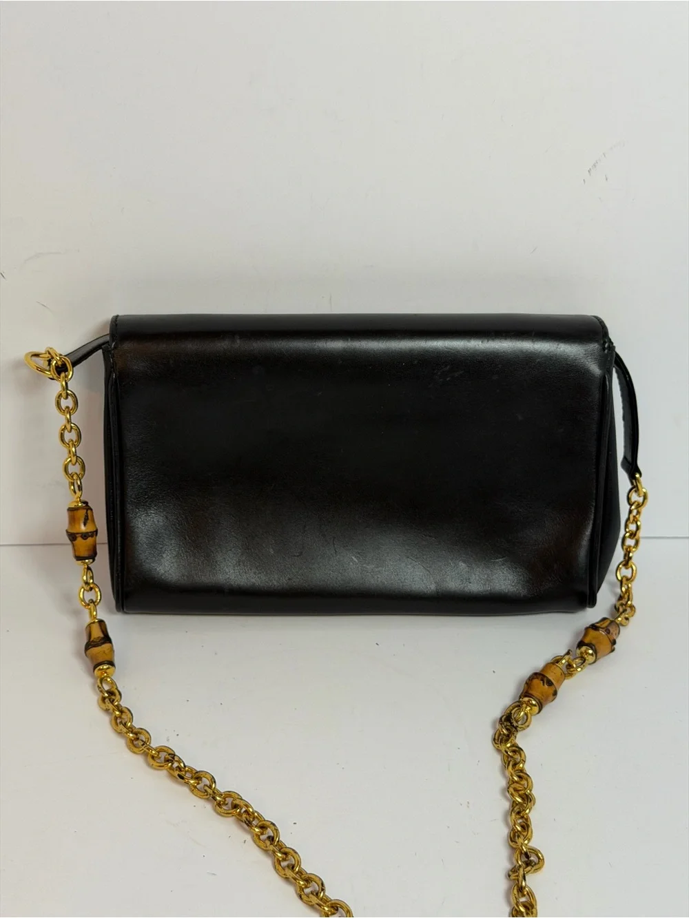 Gucci Vintage Black Leather Chain Shoulder Crossbody Bag with Bamboo Accents